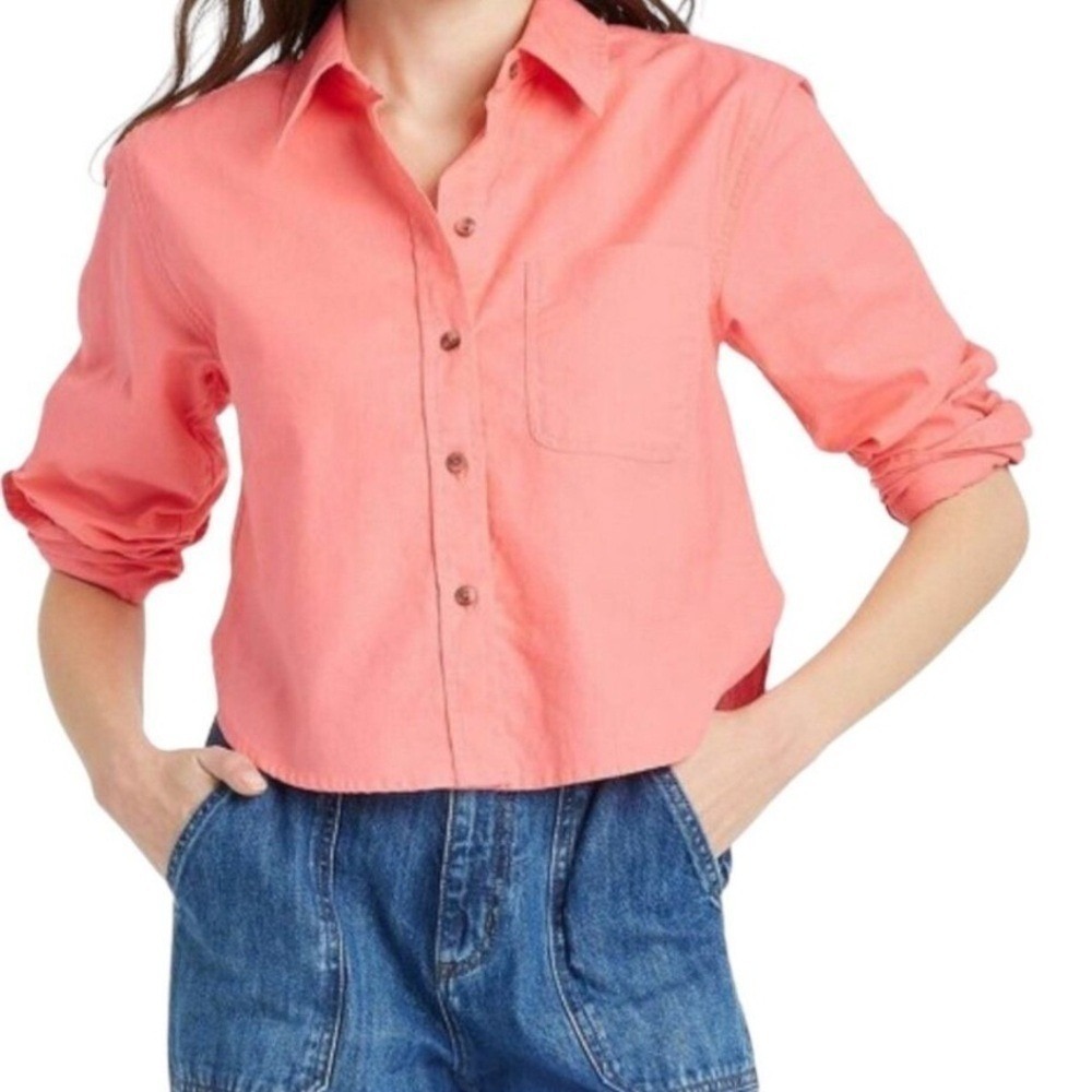 Universal Thread Womens Coral Pink Linen Blend Cropped Button Down Shirt Large - Picture 7 of 8
